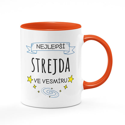 Keramický hrnek bílý s oranžovým lemem vnitřkem a uchem motiv Nejlepší strejda ve vesmíru