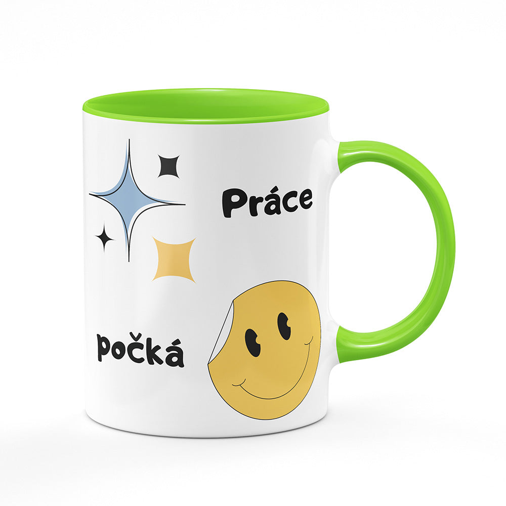 Keramický hrnek bílý s světle zeleným lemem vnitřkem a uchem motiv Práce počká