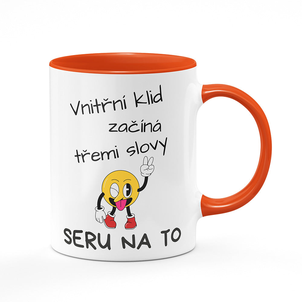 Keramický hrnek bílý s oranžovým lemem vnitřkem a uchem motiv Vnitřní klid…