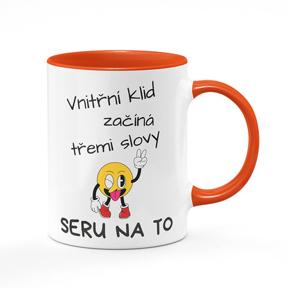 Keramický hrnek bílý s oranžovým lemem vnitřkem a uchem motiv Vnitřní klid…