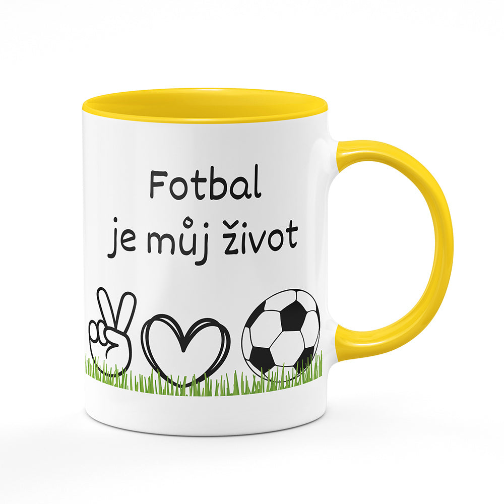 Keramický hrnek bílý s žlutým lemem vnitřkem a uchem motiv Fotbal je můj život