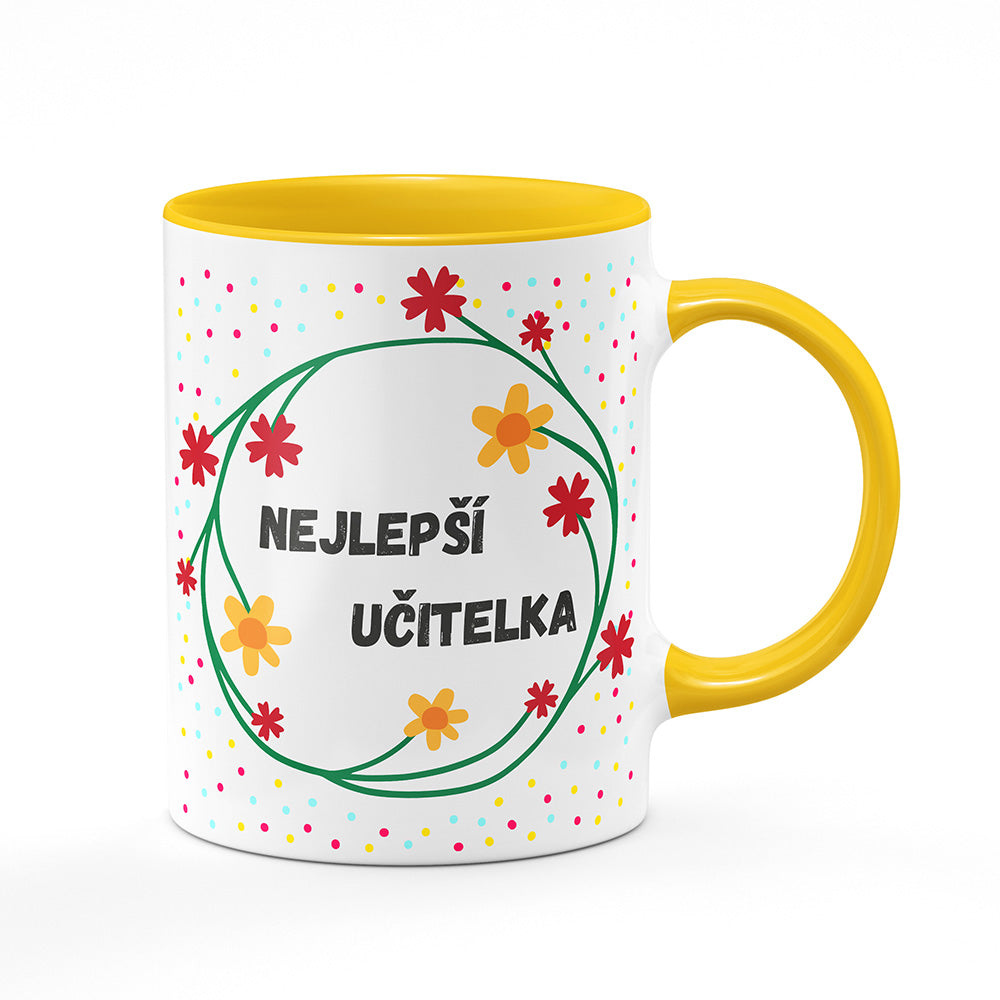Keramický hrnek bílý s žlutým lemem vnitřkem a uchem motiv Nejlepší učitelka