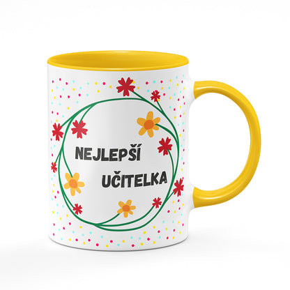 Keramický hrnek bílý s žlutým lemem vnitřkem a uchem motiv Nejlepší učitelka