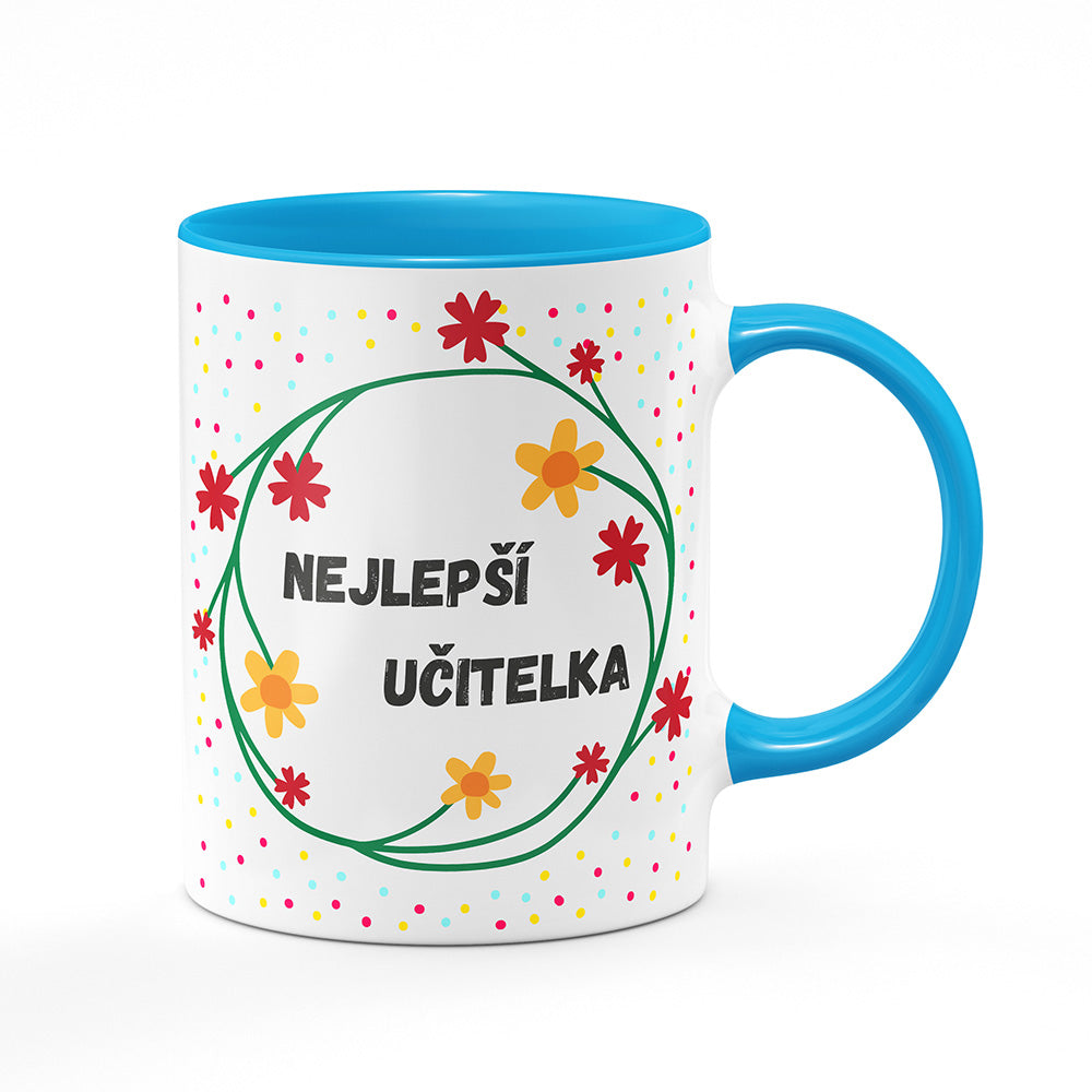 Keramický hrnek bílý s světle modrým lemem vnitřkem a uchem motiv Nejlepší učitelka