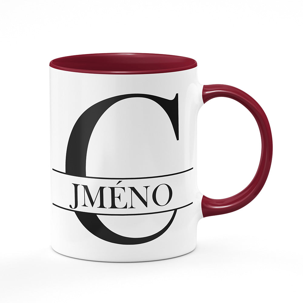 Keramický hrnek bílý s bordó vínovým lemem vnitřkem a uchem motiv Se jménem C…
