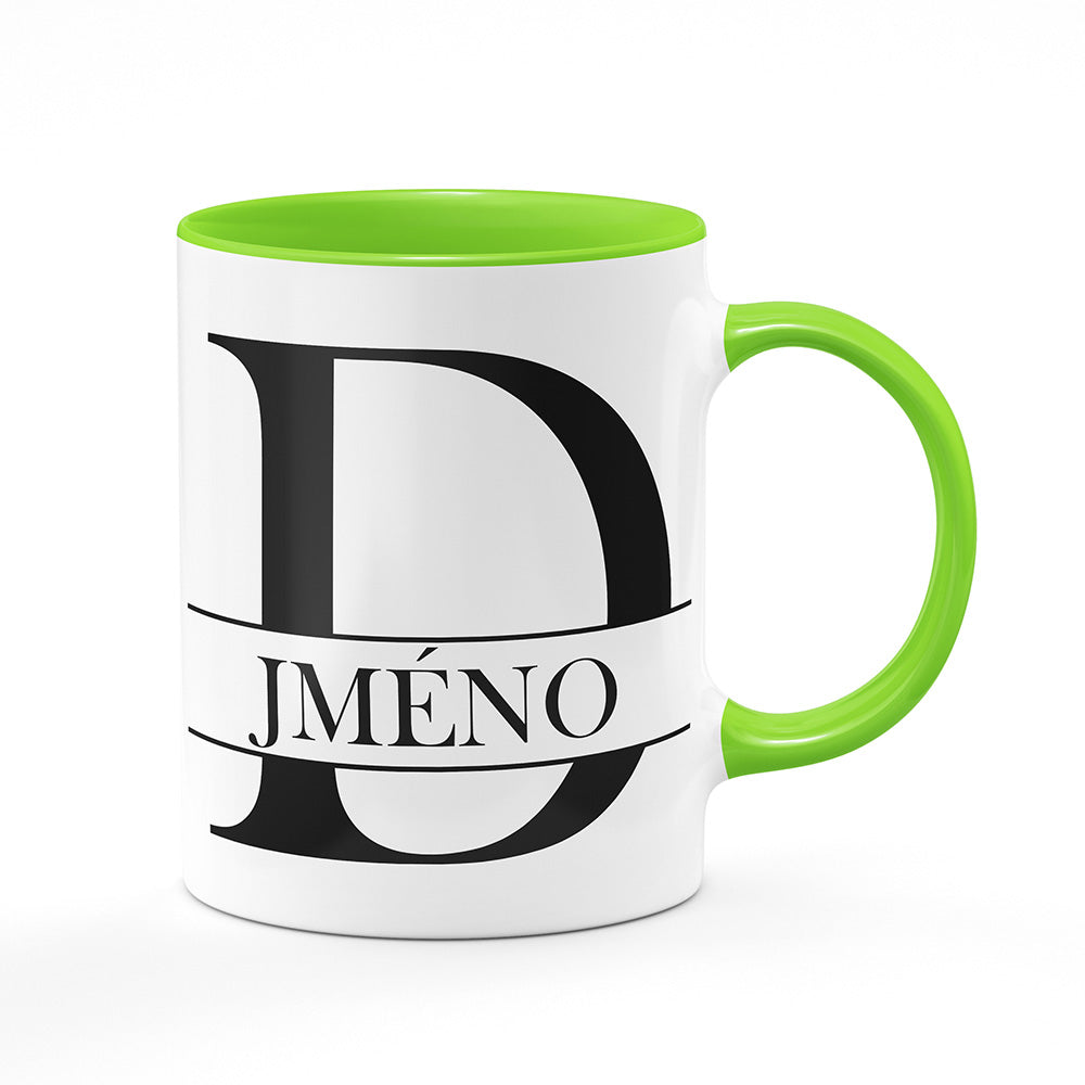 Keramický hrnek bílý s světle zeleným lemem vnitřkem a uchem motiv Se jménem D…