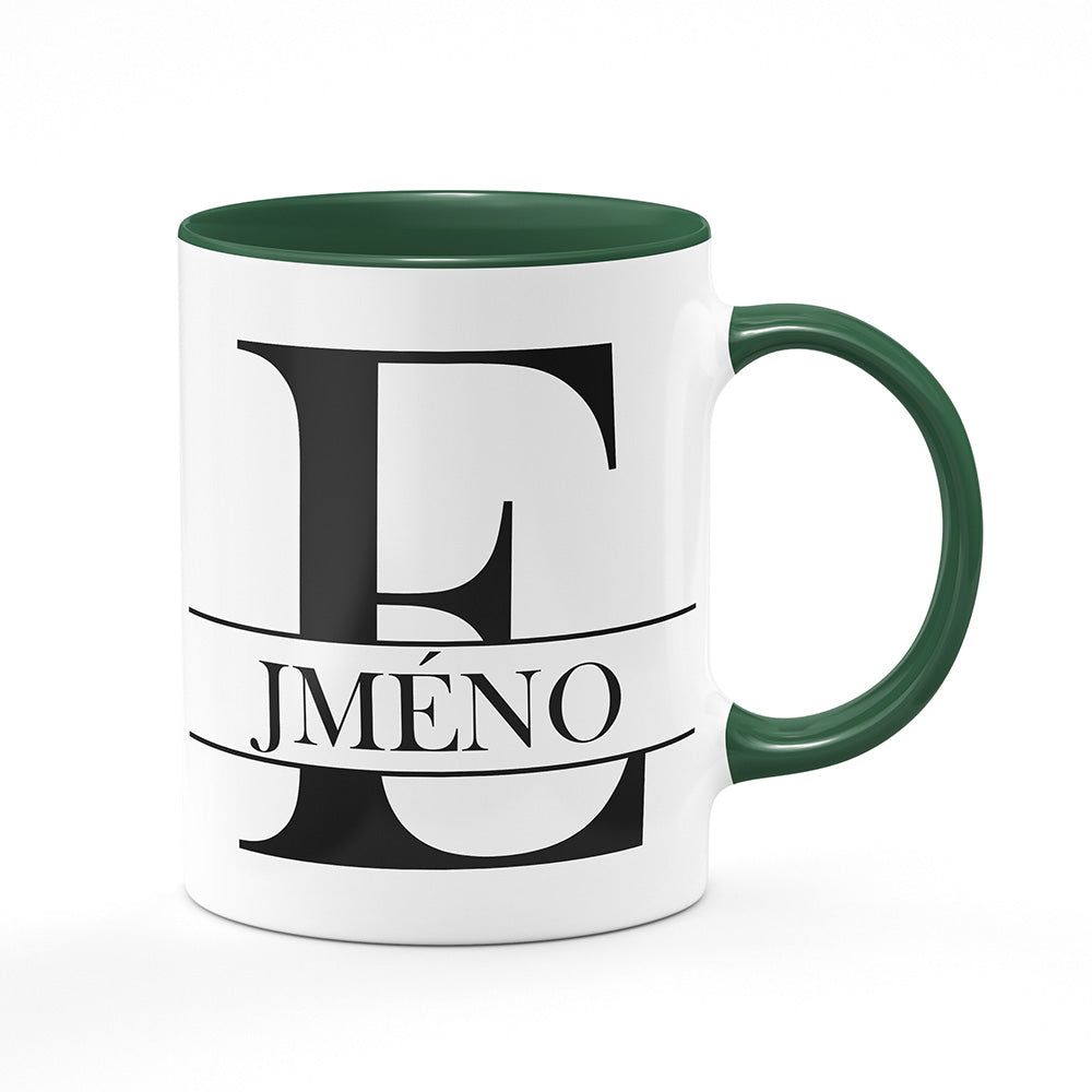 Keramický hrnek bílý s zeleným lemem vnitřkem a uchem motiv Se jménem E…