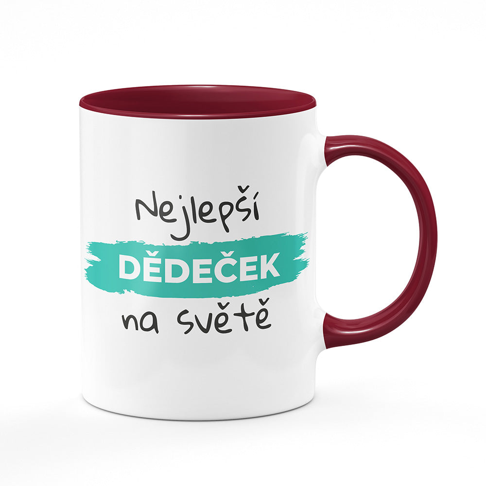 Keramický hrnek bílý s bordó vínovým lemem vnitřkem a uchem motiv Nejlepší dědeček na světě