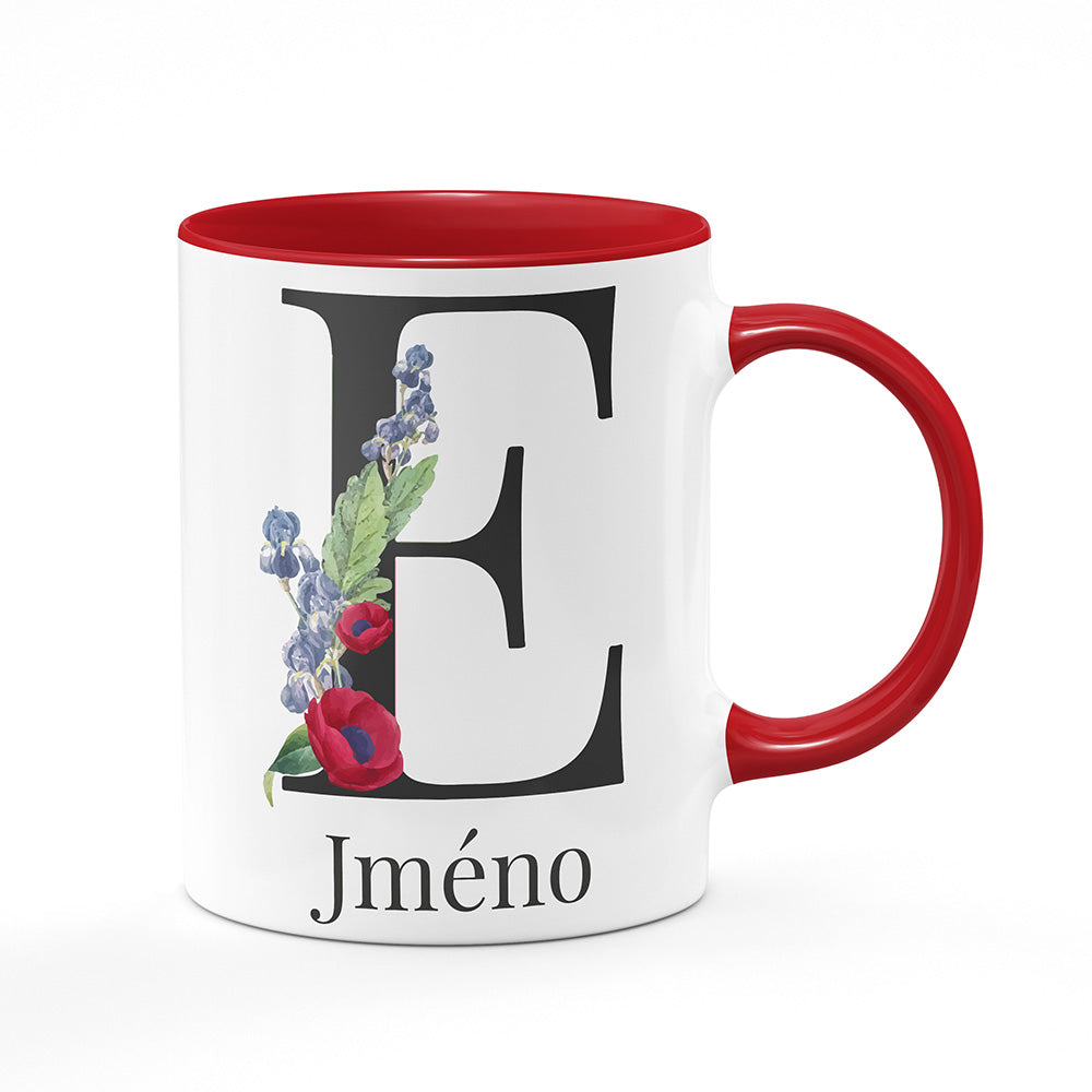 Keramický hrnek bílý s červeným lemem vnitřkem a uchem motiv Se jménem E…