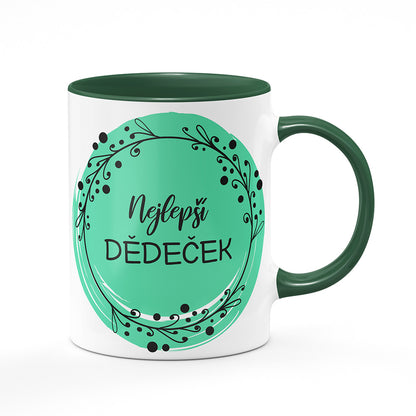 Keramický hrnek bílý s zeleným lemem vnitřkem a uchem motiv Nejlepší dědeček