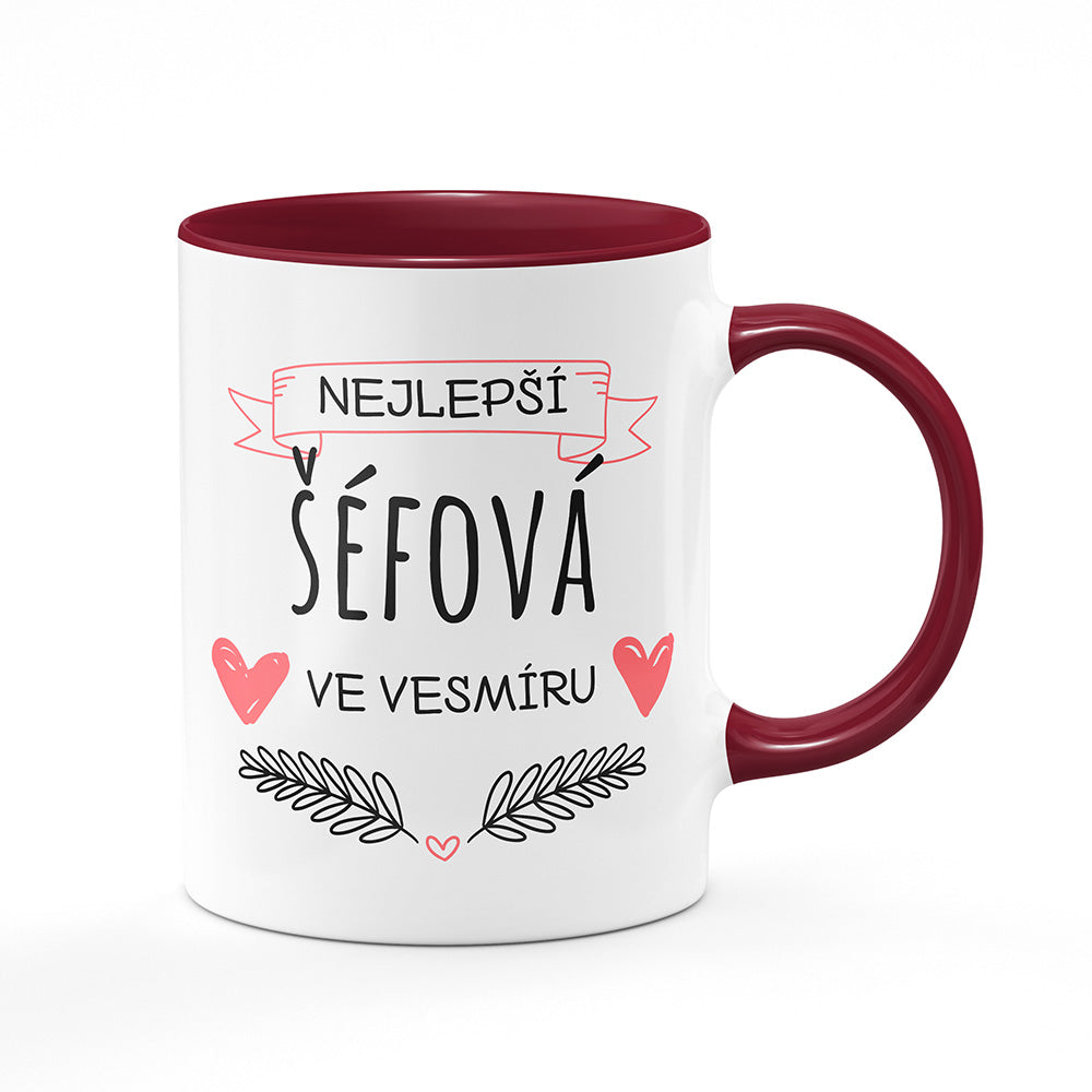 Keramický hrnek bílý s bordó vínovým lemem vnitřkem a uchem motiv Nejlepší šéfová ve vesmíru