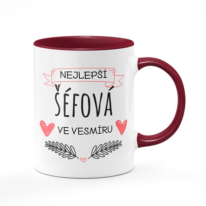 Keramický hrnek bílý s bordó vínovým lemem vnitřkem a uchem motiv Nejlepší šéfová ve vesmíru