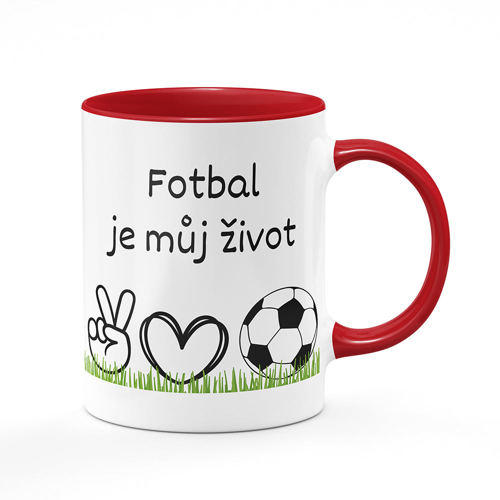 Keramický hrnek bílý s červeným lemem vnitřkem a uchem motiv Fotbal je můj život