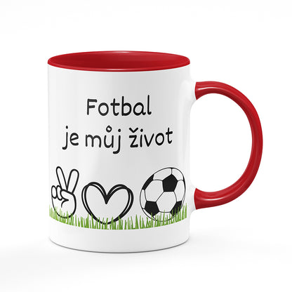 Keramický hrnek bílý s červeným lemem vnitřkem a uchem motiv Fotbal je můj život