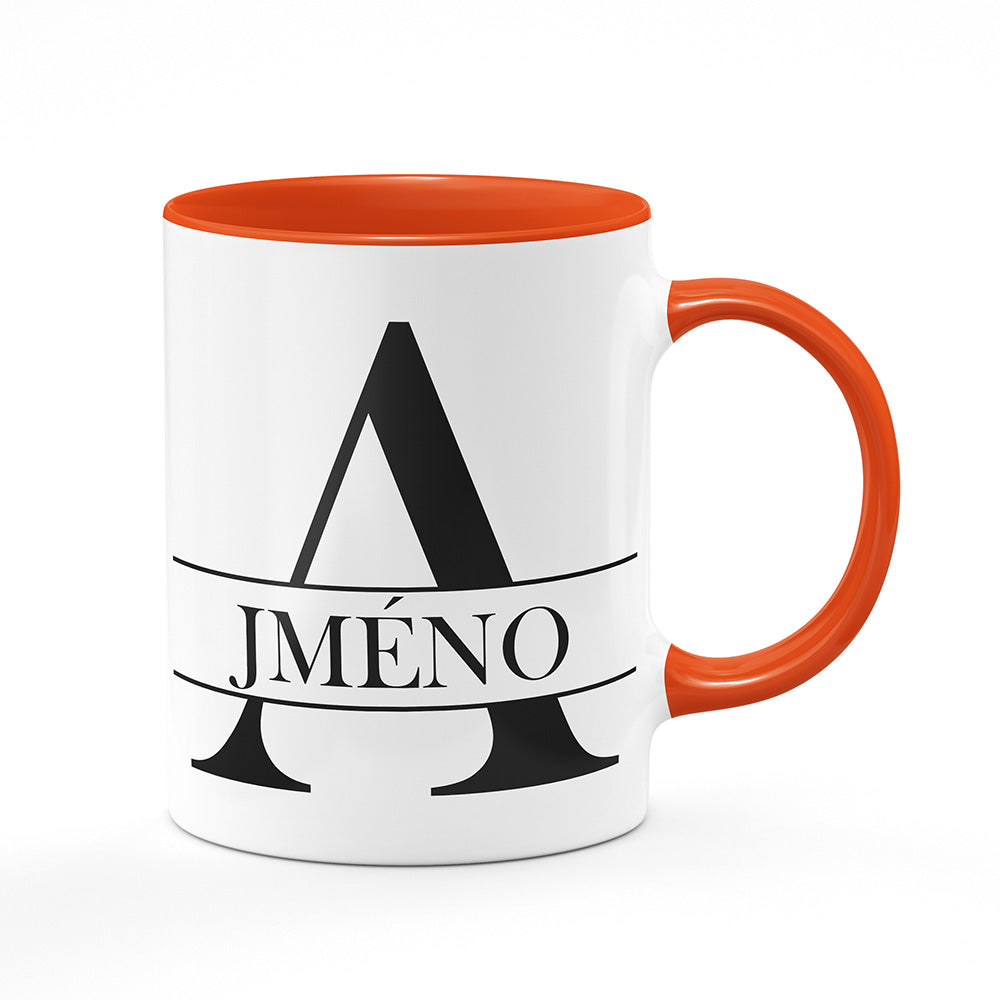 Keramický hrnek bílý s oranžovým lemem vnitřkem a uchem motiv Se jménem A...