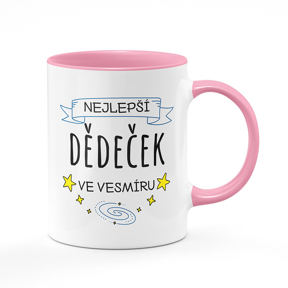 Keramický hrnek bílý s růžovým lemem vnitřkem a uchem motiv Nejlepší dědeček ve vesmíru