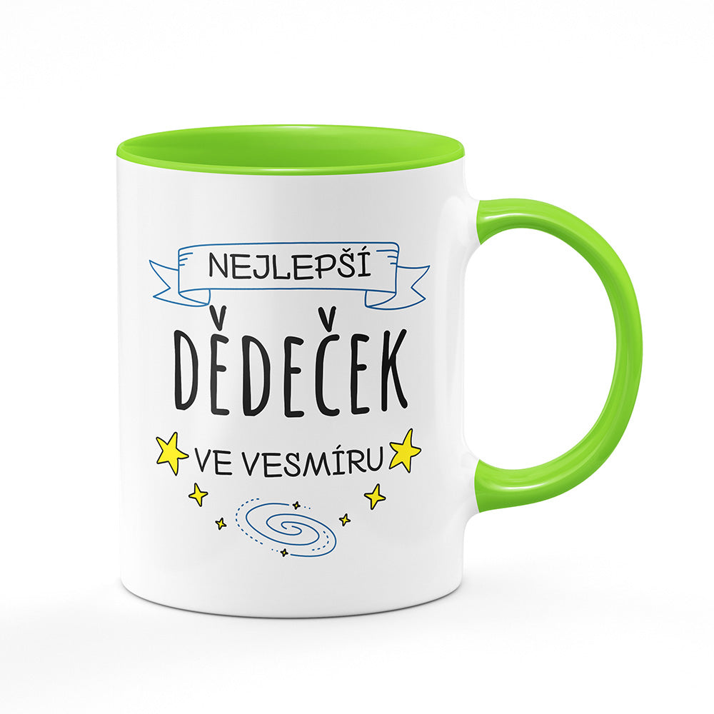 Keramický hrnek bílý s světle zeleným lemem vnitřkem a uchem motiv Nejlepší dědeček ve vesmíru