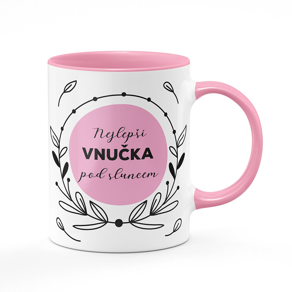 Keramický hrnek bílý s růžovým lemem vnitřkem a uchem motiv Nejlepší vnučka pod sluncem