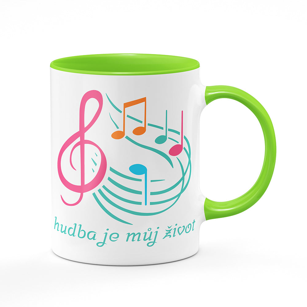 Keramický hrnek bílý s světle zeleným lemem vnitřkem a uchem motiv Hudba je můj život