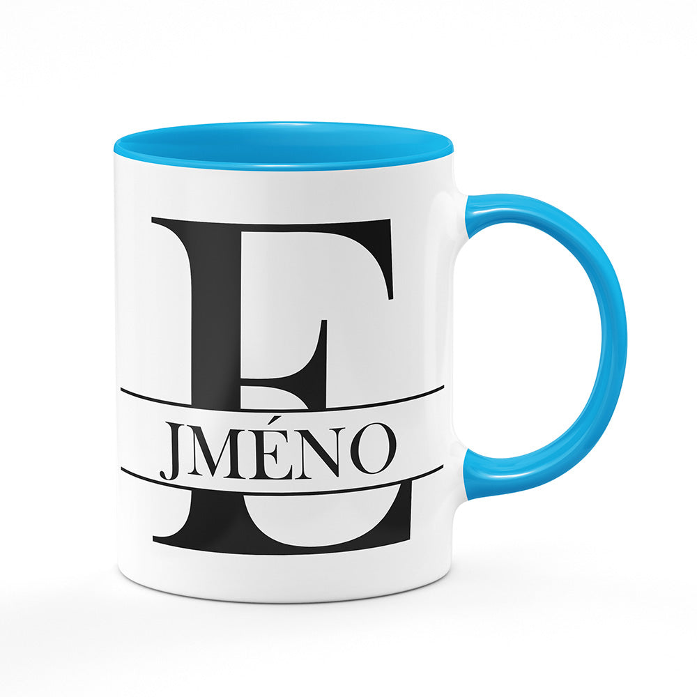 Keramický hrnek bílý s světle modrým lemem vnitřkem a uchem motiv Se jménem E…