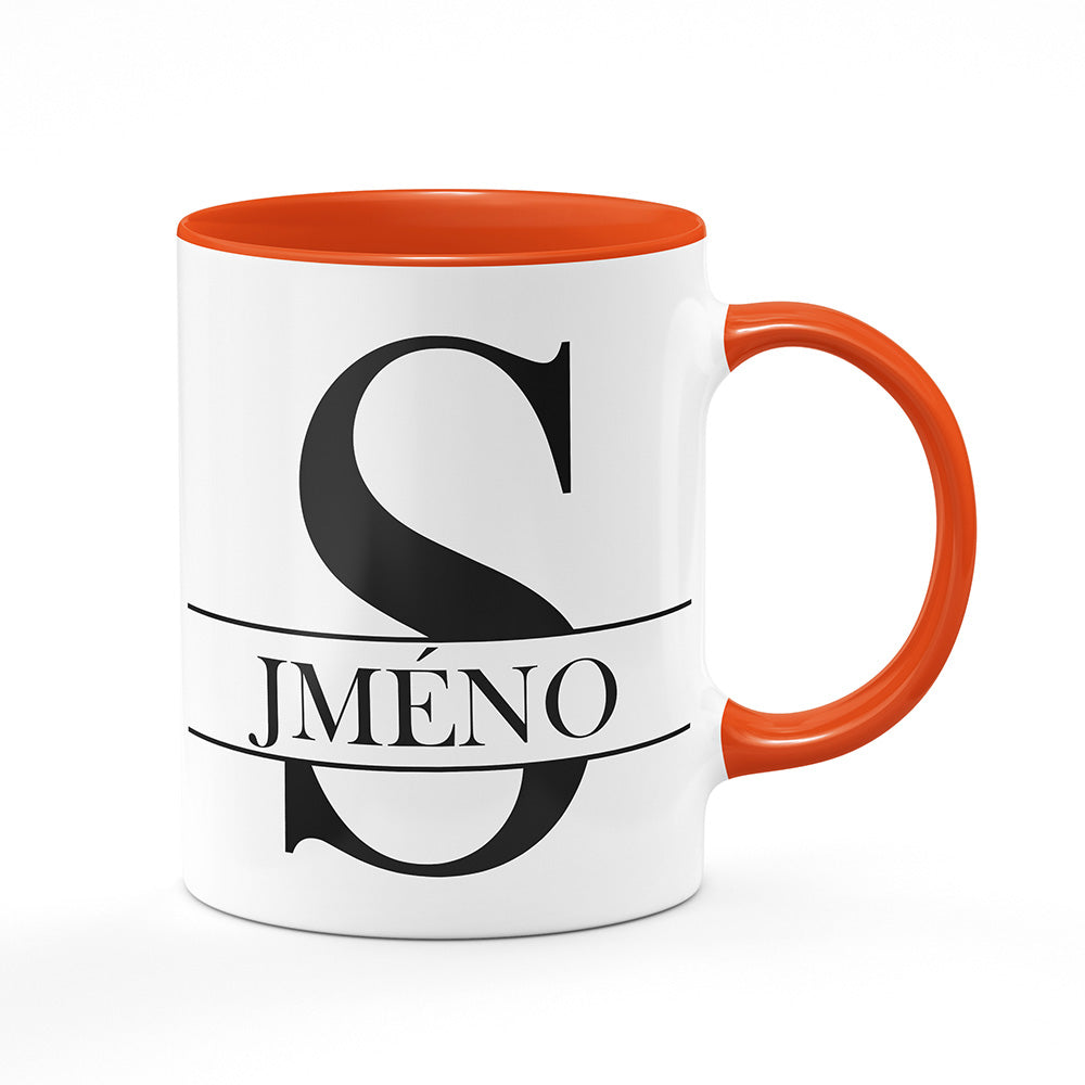Keramický hrnek bílý s oranžovým lemem vnitřkem a uchem motiv Se jménem S…