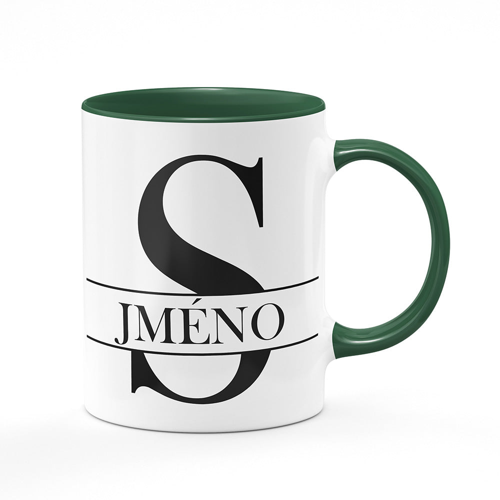 Keramický hrnek bílý s zeleným lemem vnitřkem a uchem motiv Se jménem S…