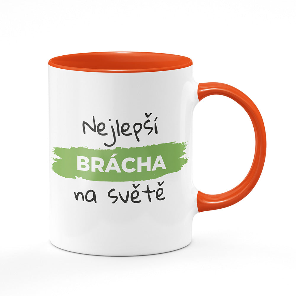 Keramický hrnek bílý s oranžovým lemem vnitřkem a uchem motiv Nejlepší brácha na světě