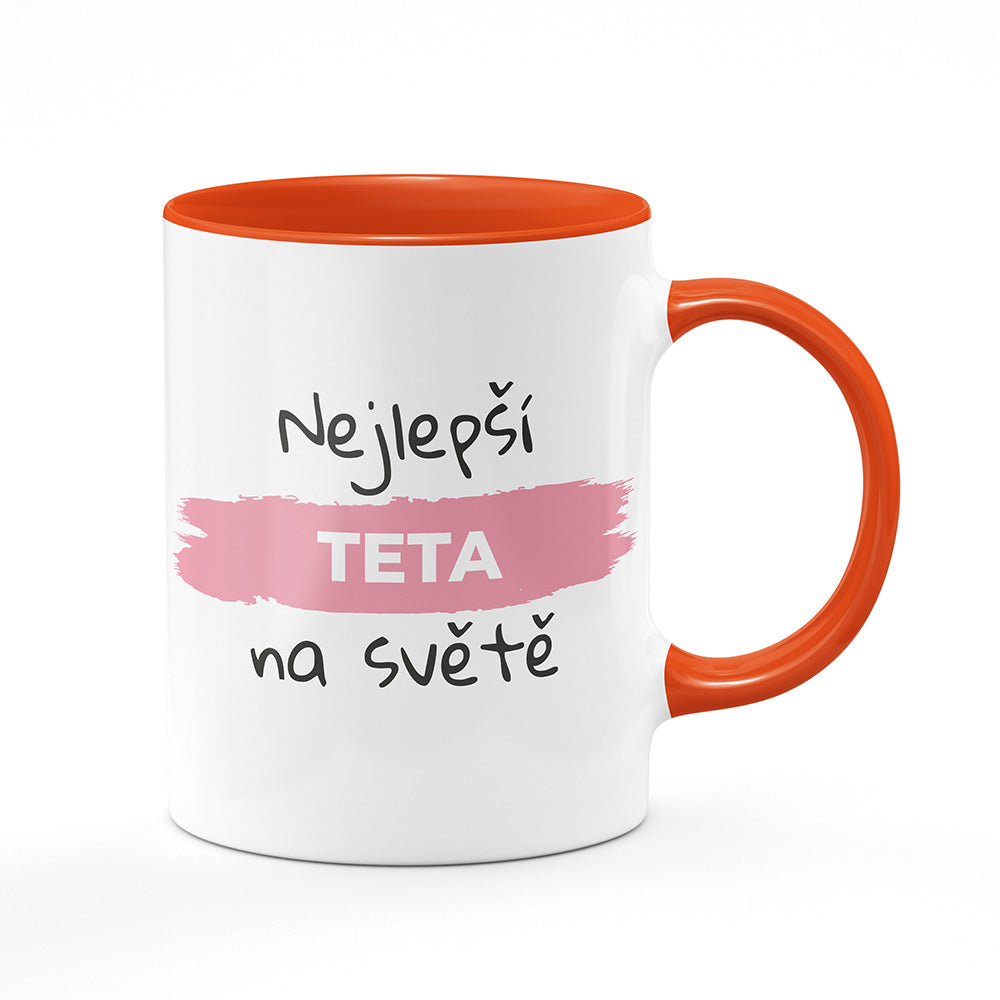 Keramický hrnek bílý s oranžovým lemem vnitřkem a uchem motiv Nejlepší teta na světě