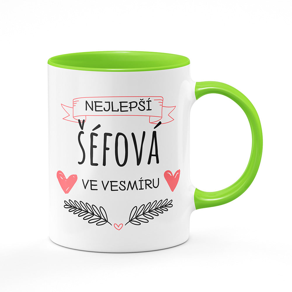 Keramický hrnek bílý s světle zeleným lemem vnitřkem a uchem motiv Nejlepší šéfová ve vesmíru