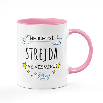 Keramický hrnek bílý s růžovým lemem vnitřkem a uchem motiv Nejlepší strejda ve vesmíru