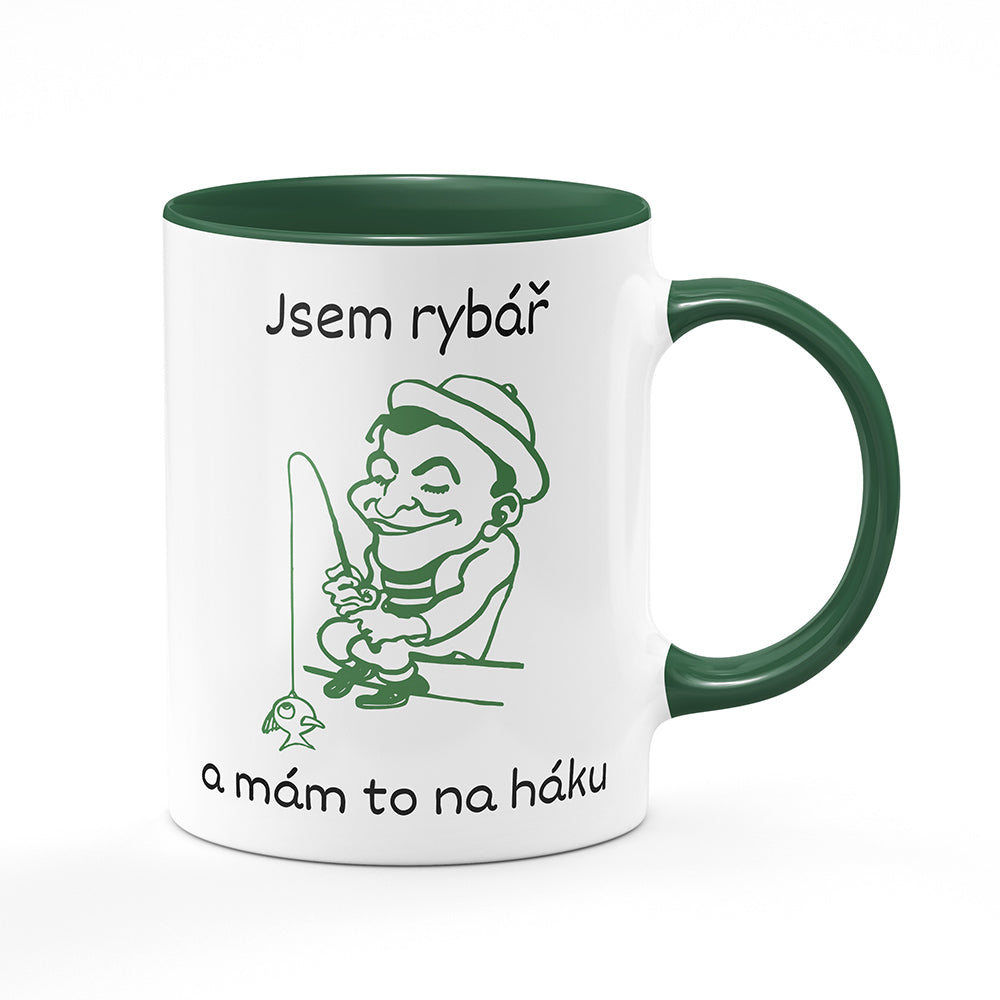 Keramický hrnek bílý s zeleným lemem vnitřkem a uchem motiv Jsem rybář a mám to na háku