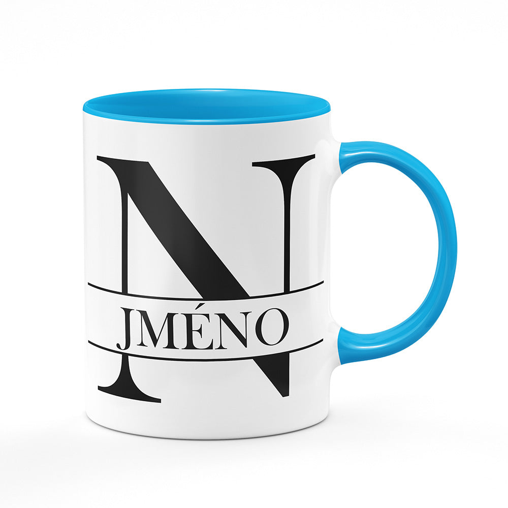 Keramický hrnek bílý s světle modrým lemem vnitřkem a uchem motiv Se jménem N…