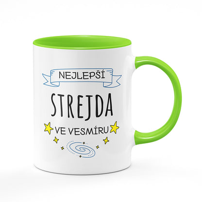 Keramický hrnek bílý s světle zeleným lemem vnitřkem a uchem motiv Nejlepší strejda ve vesmíru