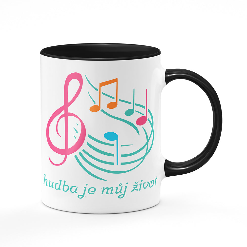 Keramický hrnek bílý s černým lemem vnitřkem a uchem motiv Hudba je můj život