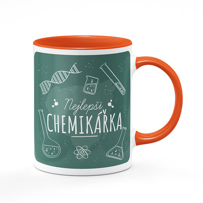 Keramický hrnek bílý s oranžovým lemem vnitřkem a uchem motiv Nejlepší chemikářka
