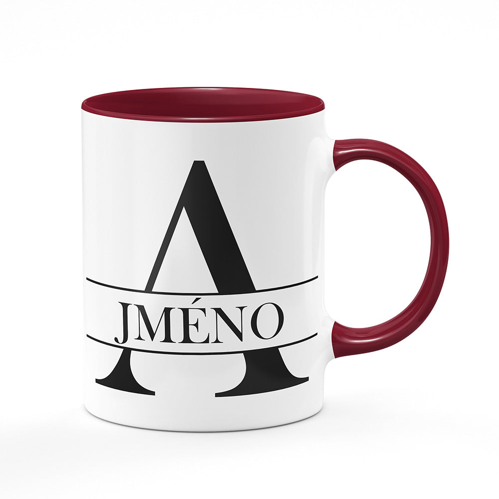 Keramický hrnek bílý s bordó vínovým lemem vnitřkem a uchem motiv Se jménem A...