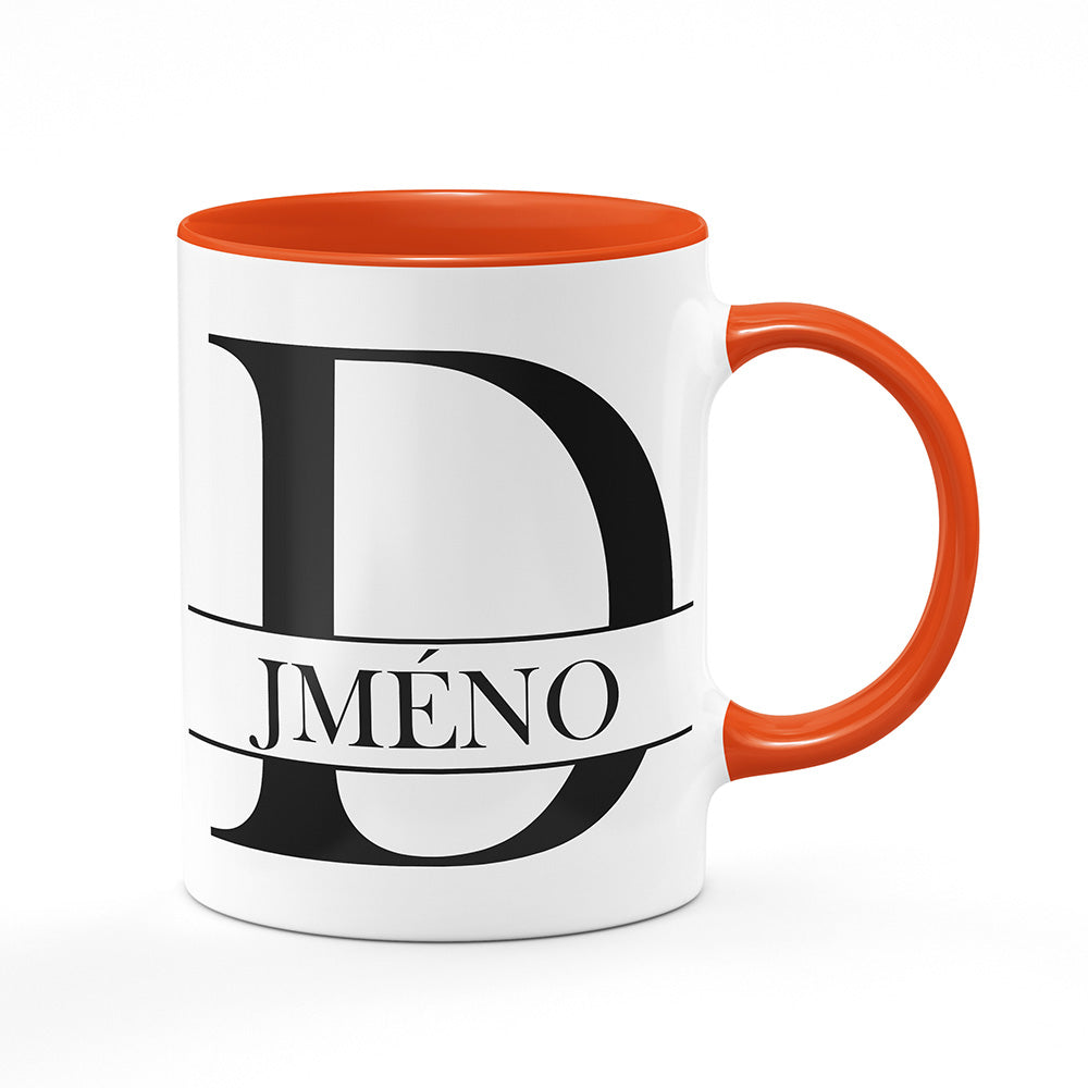 Keramický hrnek bílý s oranžovým lemem vnitřkem a uchem motiv Se jménem D…