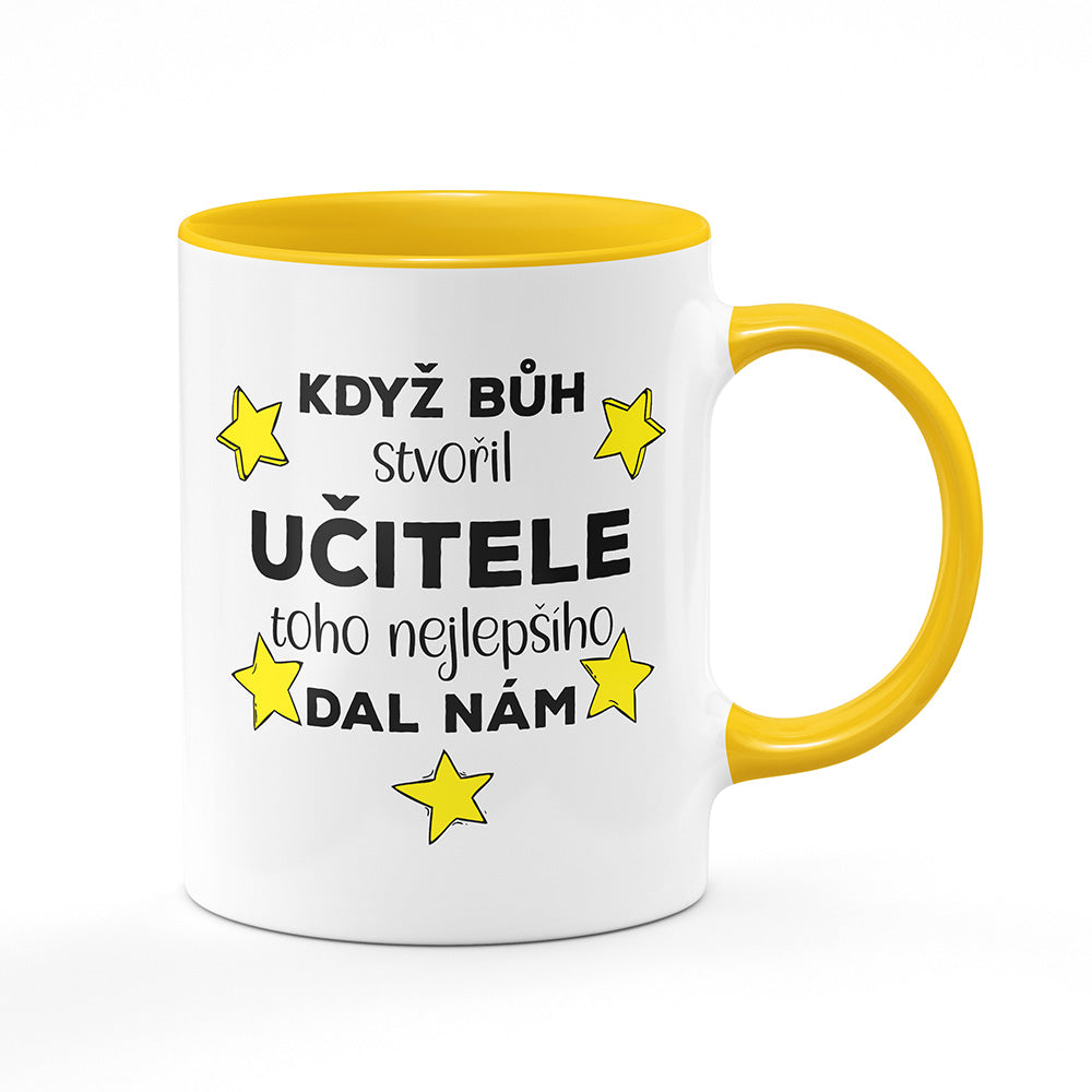 Keramický hrnek bílý s žlutým lemem vnitřkem a uchem motiv Když bůh stvořil učitele