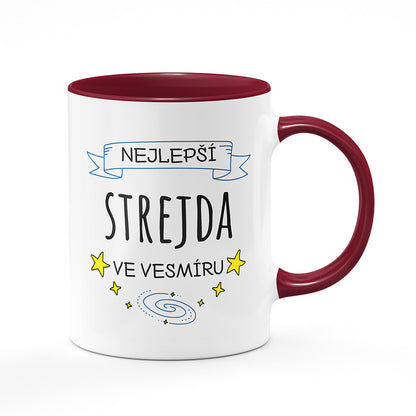 Keramický hrnek bílý s bordó vínovým lemem vnitřkem a uchem motiv Nejlepší strejda ve vesmíru