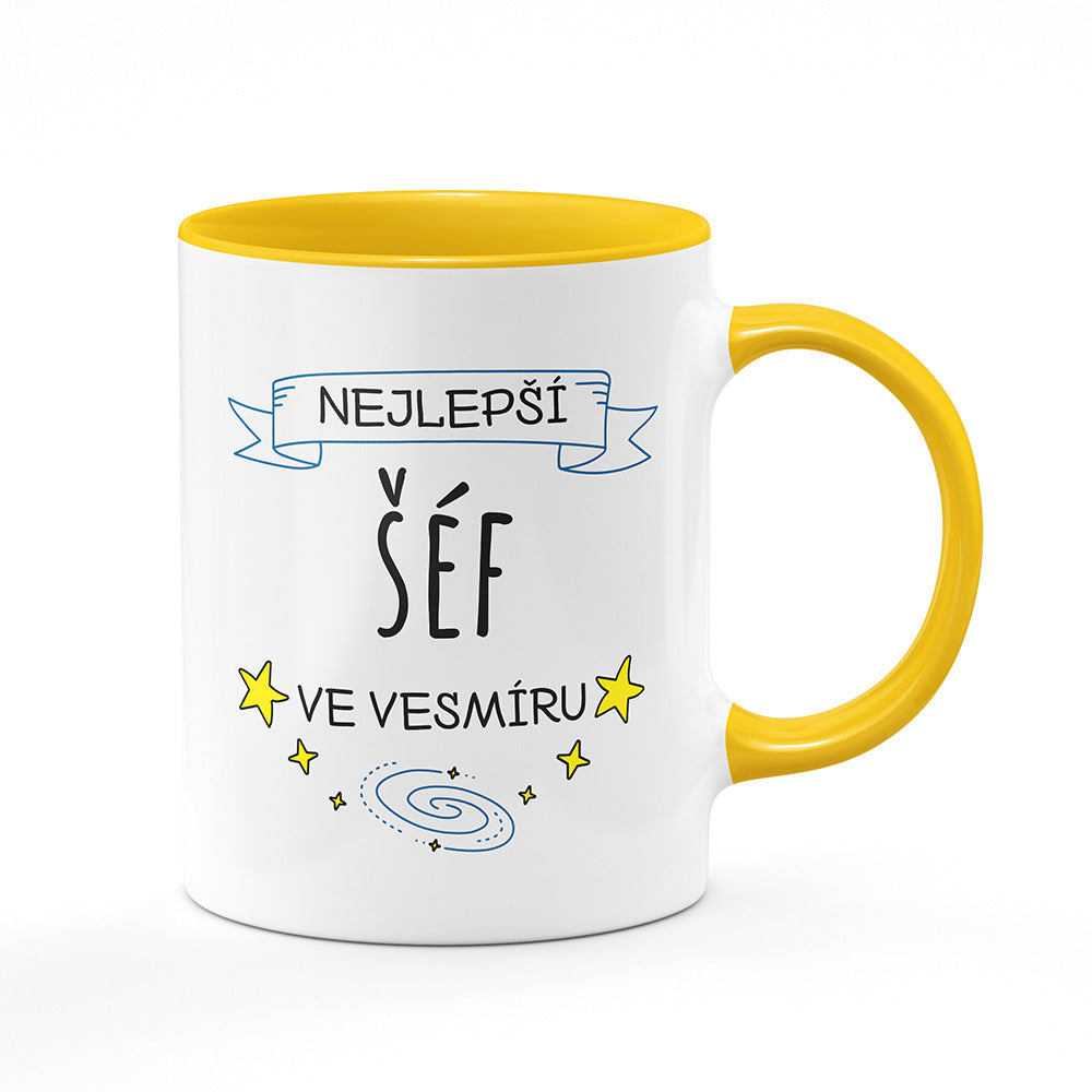 Keramický hrnek bílý s žlutým lemem vnitřkem a uchem motiv Nejlepší šéf ve vesmíru