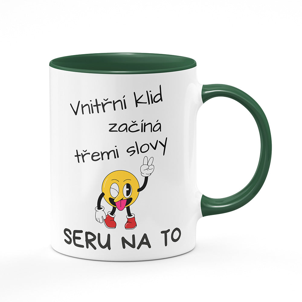 Keramický hrnek bílý s zeleným lemem vnitřkem a uchem motiv Vnitřní klid…