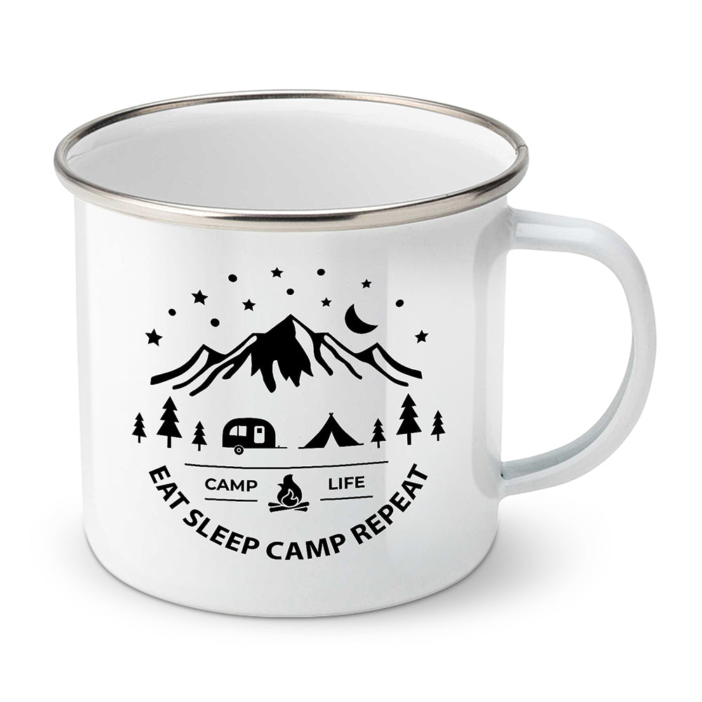 Smaltovaný plecháček motiv Eat Sleep Camp Repeat