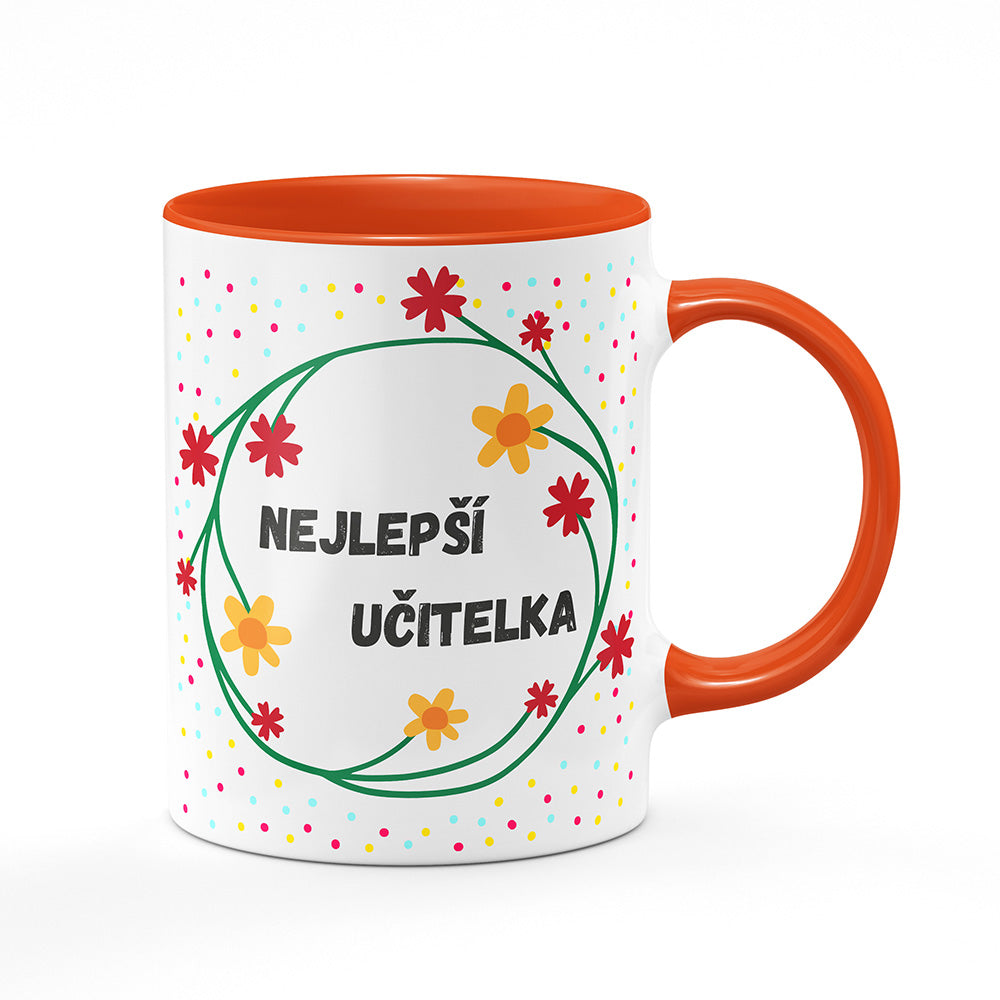 Keramický hrnek bílý s oranžovým lemem vnitřkem a uchem motiv Nejlepší učitelka