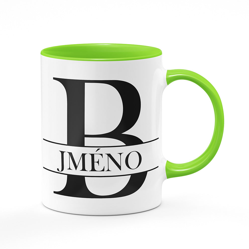 Keramický hrnek bílý s světle zeleným lemem vnitřkem a uchem motiv Se jménem B…