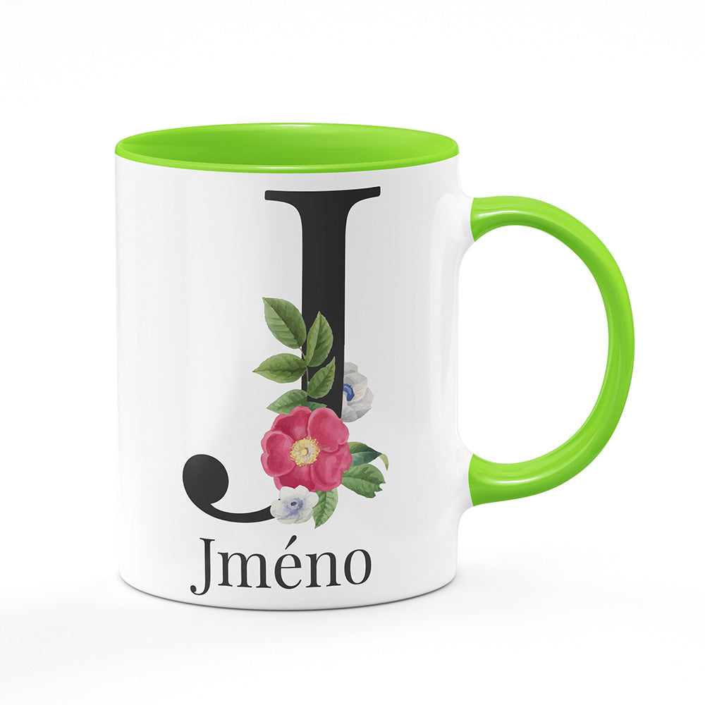 Keramický hrnek bílý s světle zeleným lemem vnitřkem a uchem motiv Se jménem J…