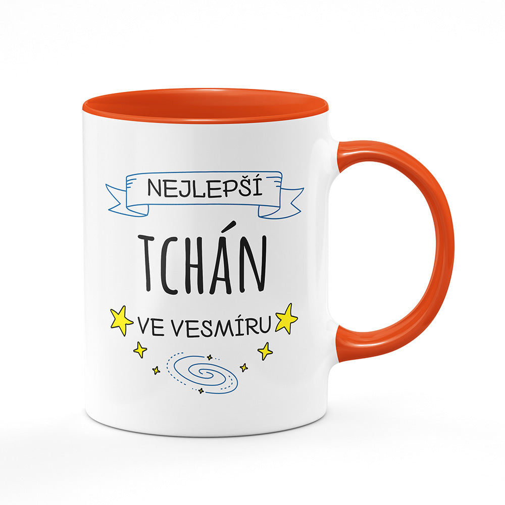 Keramický hrnek bílý s oranžovým lemem vnitřkem a uchem motiv Nejlepší tchán ve vesmíru