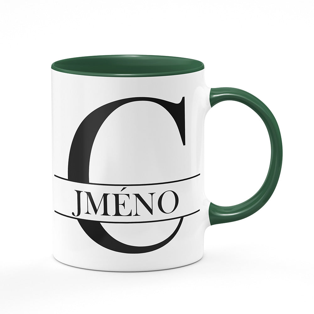Keramický hrnek bílý s zeleným lemem vnitřkem a uchem motiv Se jménem C…
