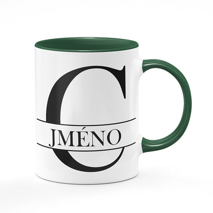 Keramický hrnek bílý s zeleným lemem vnitřkem a uchem motiv Se jménem C…