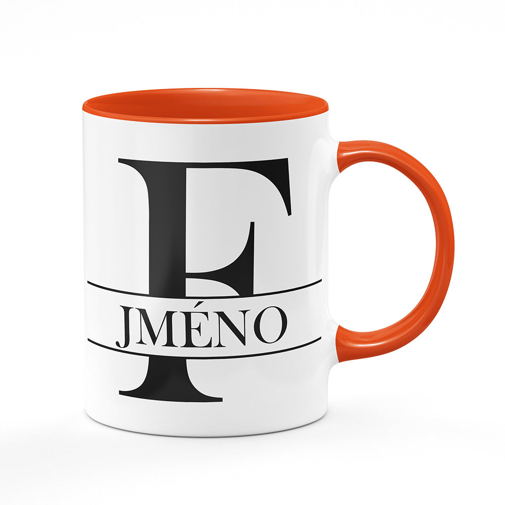 Keramický hrnek bílý s oranžovým lemem vnitřkem a uchem motiv Se jménem F…