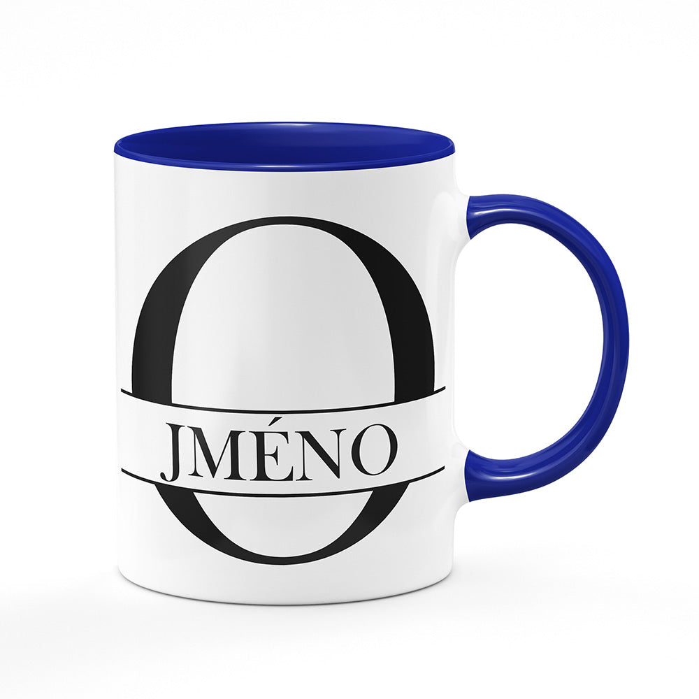 Keramický hrnek bílý s modrým lemem vnitřkem a uchem motiv Se jménem O…